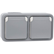 AP/FR-Programm,<BR>PLEXO,<BR>Steckdose, 2-fach,<BR>waagerecht,<BR>grau